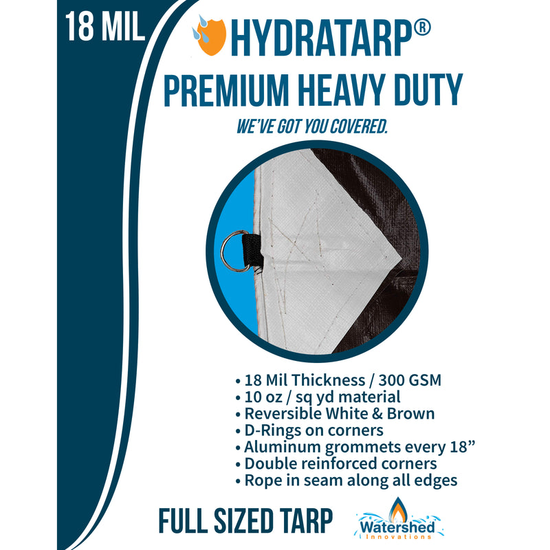 HydraTarp® Premium Duty Waterproof Tarp - 18 Mil Thick - White / Brown Reversible Tarp with D-Rings